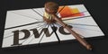 Broken logo of PWC and judge's gavel. Editorial conceptual 3d rendering