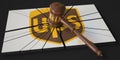 Broken logo of UPS and judge's gavel. Editorial conceptual 3d rendering
