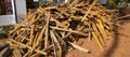 Broken long chunks of tree trunk. Close up broken pieces of wood. Pine timber wood chip. Broken into pieces and splinters tree