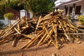 Broken long chunks of tree trunk. Close up broken pieces of wood. Pine timber wood chip. Broken into pieces and splinters tree