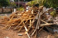 Broken long chunks of tree trunk. Close up broken pieces of wood. Pine timber wood chip. Broken into pieces and splinters tree