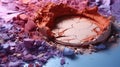 Broken makeup palette with scattered colorful eyeshadow powders in pink, purple, and blue hues, highlighting textures and vibrant