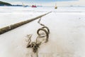 Broken marine rope and sea in background Royalty Free Stock Photo