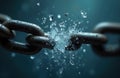 Broken metal chain link with ice fragments exploding outwards. Concept of breaking free, overcoming obstacles, and new Royalty Free Stock Photo