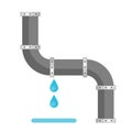 Broken metal pipe with leaking water, flat style vector illustration