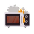 Broken microwave oven with fire and smoke flat style