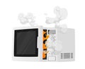 Broken Microwave Oven with Steam and Fire Isolated on White Background. Damaged Kitchen Appliances, Electrical Technics