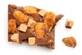 Broken milk salted peanut and caramel chocolate. Top view