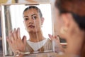 Broken mirror, bipolar woman and reflection of anxiety, depression or psychology, identity crisis or schizophrenia Royalty Free Stock Photo