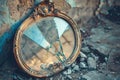 A broken mirror lying on the ground beside a wall, perfect for use in scenes of abandonment or neglect Royalty Free Stock Photo