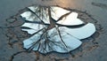 Broken mirror shards arranged on rough concrete ground reflecting tree branches and sky. Sharp edges create abstract pattern. Royalty Free Stock Photo