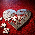 Broken missing pieces of love romance puzzle, shown with jigsaw