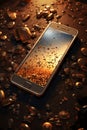 Broken mobile phone on the background of golden coins. 3d rendering Royalty Free Stock Photo