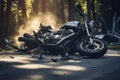 Broken motorcycle on the road after a car accident in the forest, Motorcycle bike accident and car crash, broken and wrecked moto Royalty Free Stock Photo
