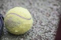 Broken old tennis ball on the ground Royalty Free Stock Photo