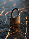 Broken Padlock Rests on Network Wireframe Background Symbolizing Security Threats and Vulnerabilities in Digital Royalty Free Stock Photo