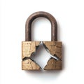A broken padlock with the shackle snapped in half, concept of vulnerability or security breach, isolated on white background