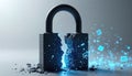Broken padlock signifies data vulnerability. Digital data streams illustrate cybersecurity breach concepts. Represents system Royalty Free Stock Photo