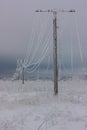 Broken phase electrical power lines with hoarfrost on the wooden electric poles on countryside in the winter after storm Royalty Free Stock Photo