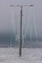 Broken phase electrical power lines with hoarfrost on the wooden electric poles on countryside in the winter after storm Royalty Free Stock Photo