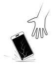 Broken phone in hand. thin line style trend modern simple graphic contour concept of damaged cellular phone in human arm Royalty Free Stock Photo