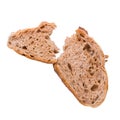 Broken piece of dark rye whole grain wholesome bread isolated on white background. Royalty Free Stock Photo