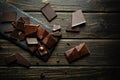 Broken pieces of dark chocolate bar on a black vintage table. View from above Royalty Free Stock Photo