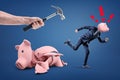 Broken piggy bank and businessman with piggy bank head running from hand isolated with hammer on blue background