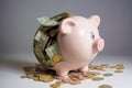 broken piggy bank. coins and banknotes fall out of piggy bank into holes. financial crisis, budget deficit, debt, bankruptcy. gray