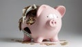 broken piggy bank. coins and banknotes fall out of piggy bank into holes. financial crisis, budget deficit, debt, bankruptcy. gray