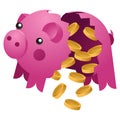 Broken piggy bank with coins. Ceramic pig vector Royalty Free Stock Photo