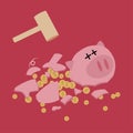 Broken Piggy bank with hammer saving money