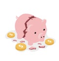 Broken piggy bank money safe with coins concept Isometric