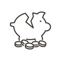 Broken piggybank with coins all over the place. Vector thin line icon. Money savings or crisis concepts