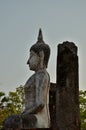 Broken pillar and ruin buddha