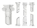 Broken pillars. Authentic columns classical damaged realistic decor pillars decent vector templates set