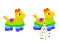 Broken pinata. Birthday party colorful equipment. Pinatas with confetti and candies in lama shape. Mexican toy Royalty Free Stock Photo