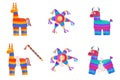 Broken pinata. Cartoon pinatas mexican handcrafted paper toys, stick hitting game birthday party latin carnival holiday