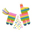 Broken pinata donkey for birthday party. Sweets and candy pour out from toy. Vector illustration in flat style Royalty Free Stock Photo