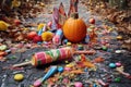 broken pinata on the ground, candy spilling out Royalty Free Stock Photo