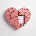 A broken pink heart on a white surface. Generative AI image. Broken heart. Royalty Free Stock Photo