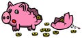 Broken pink piggybank in cartoon style filled with golden coins, scared looking at missing piece