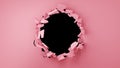 Broken pink wall with stone pieces, cracks and black hole in the middle. 3D rendering.