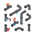 Broken pipes. Leaking water pipeline tubes. Leakage plumbing system 3d isometric vector isolated set