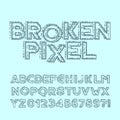 Broken pixel alphabet font. Glitch digital letters and numbers.