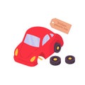 Broken plastic toy red car. Vector cartoon flat illustration isolated on white. Royalty Free Stock Photo