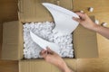 Broken plate in damaged cardboard box top view, damaged home delivery unpacking box Royalty Free Stock Photo