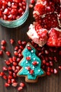 Broken Pomegranate, Seeds and Gingerbread Xmas Tree Cookie Royalty Free Stock Photo