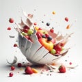 Broken porcelain bowl with fruit salad that fell with splashes. AI generated