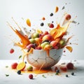 Broken porcelain bowl with fruit salad that fell with splashes. AI generated